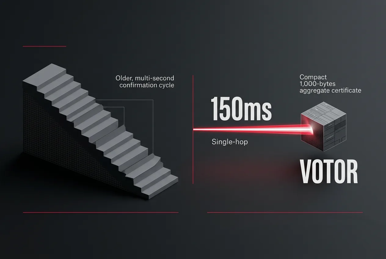 Infographic showing Solana Alpenglow consensus reducing transaction finality to 150 milliseconds.