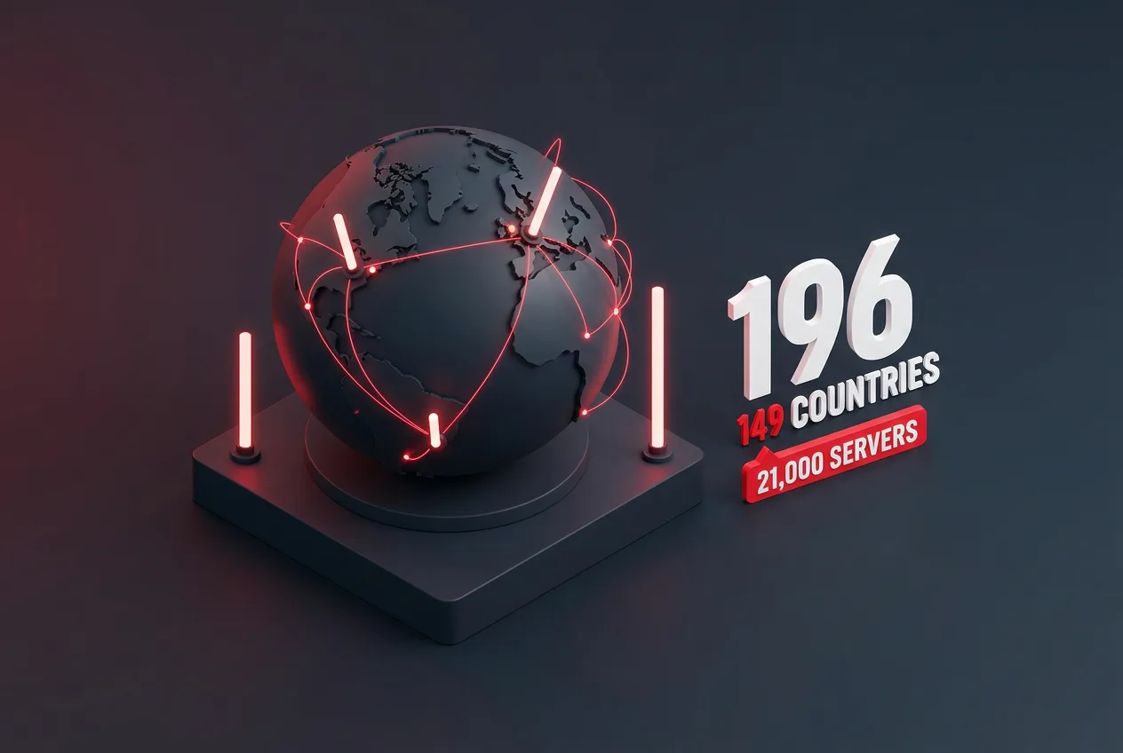 3D isometric infographic showing 196 VPN server locations and global routing nodes.