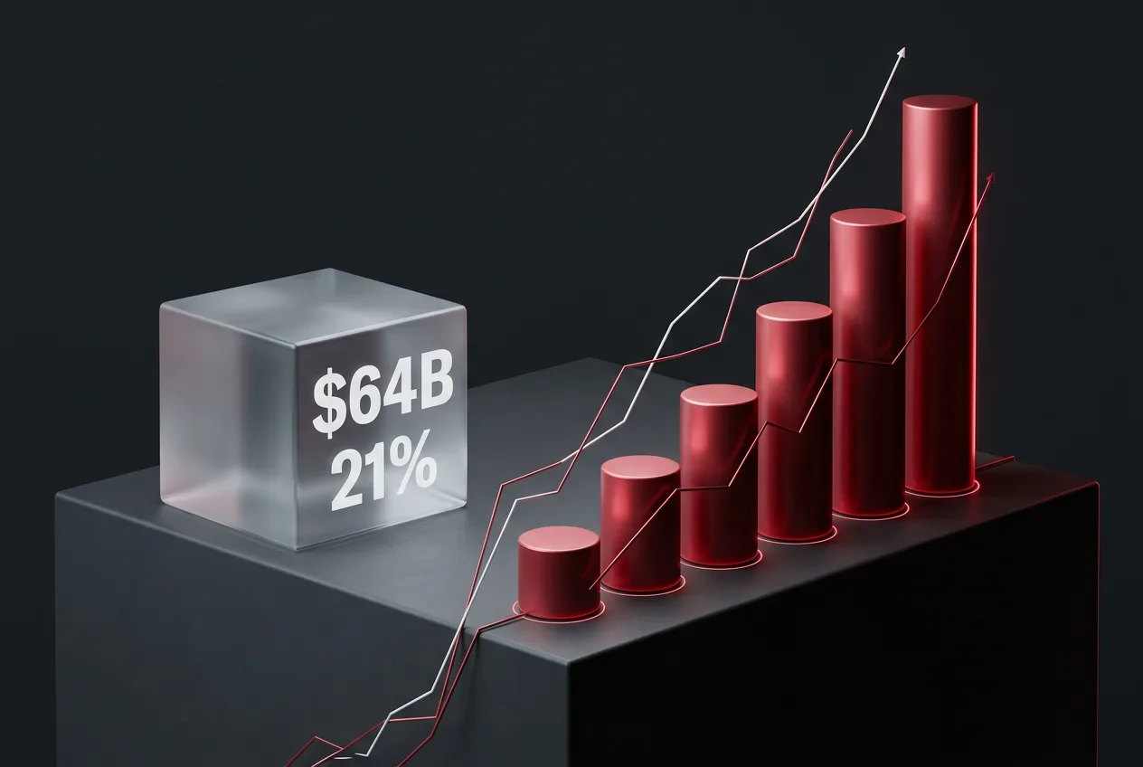 3D financial infographic showing $64B and 21% idle stablecoin metrics beside compounding tokenized deposits.