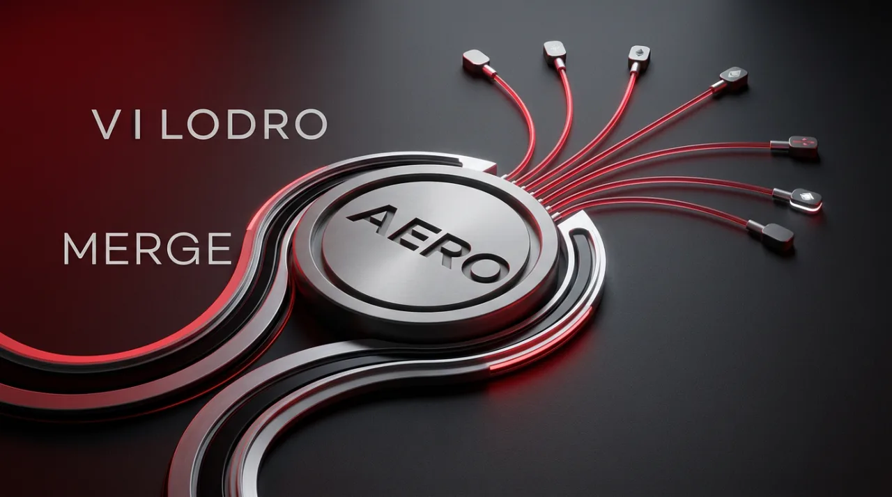 Aero DEX merger visual showing a sleek titanium token and converging network lines in crimson and charcoal.