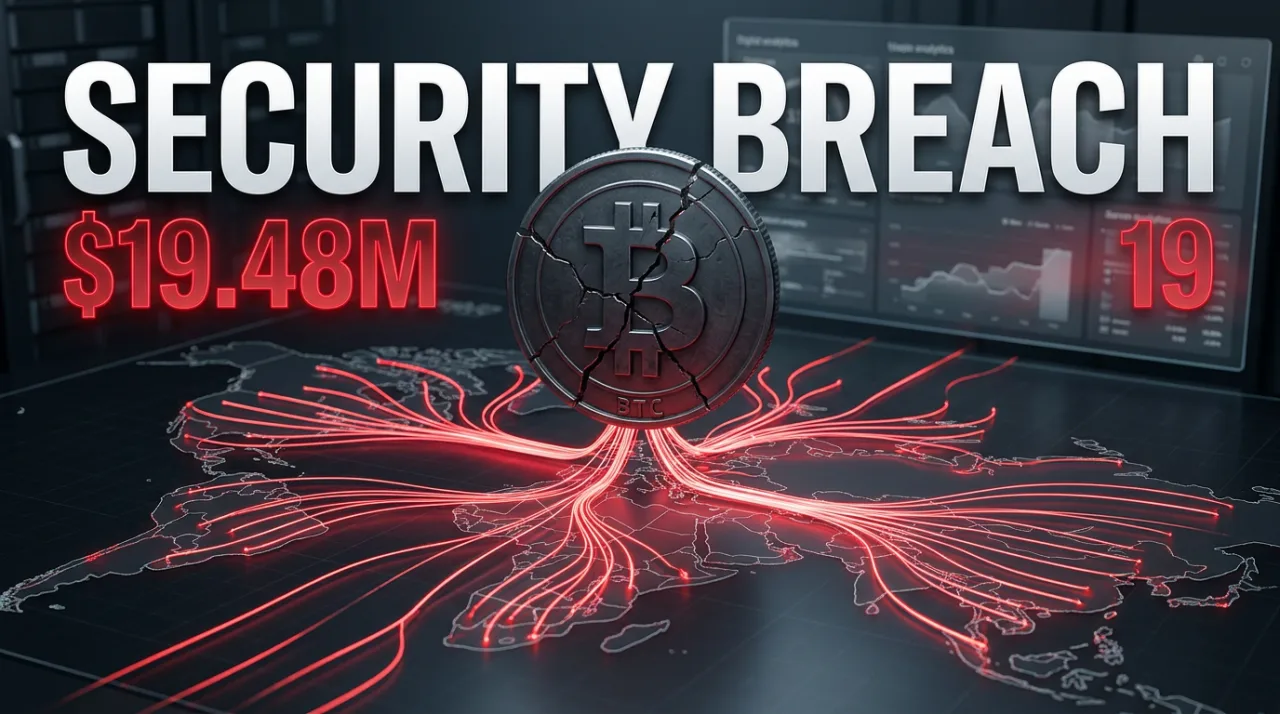 Digital 3D render of a cracked Bitcoin emblem and glowing crimson transfer paths for Bitget hack coverage.