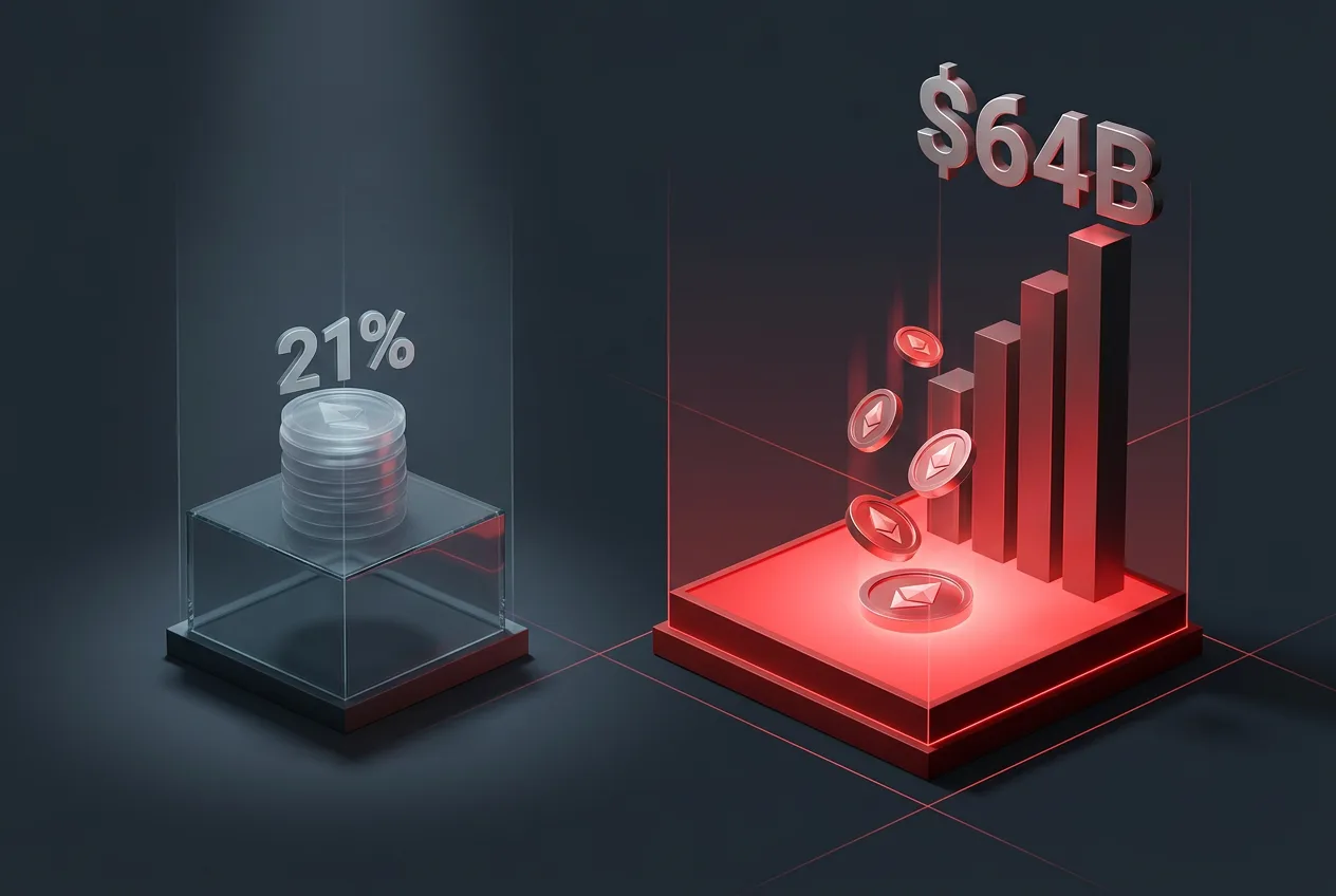 Infographic chart showing $64B in idle stablecoin holdings transitioning into yield-bearing deposits.
