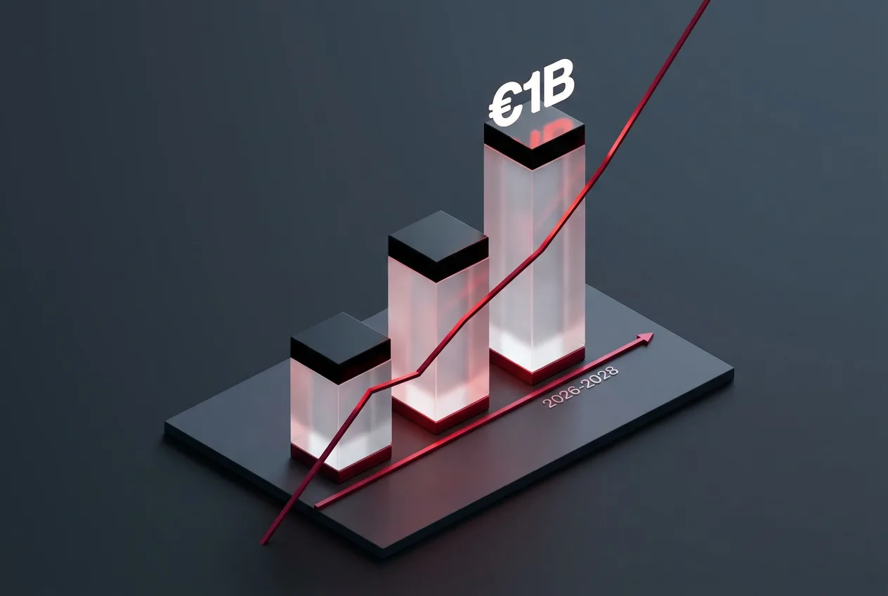 Minimalist 3D bar chart showing a one billion euro AI financial target for Santander through 2028.