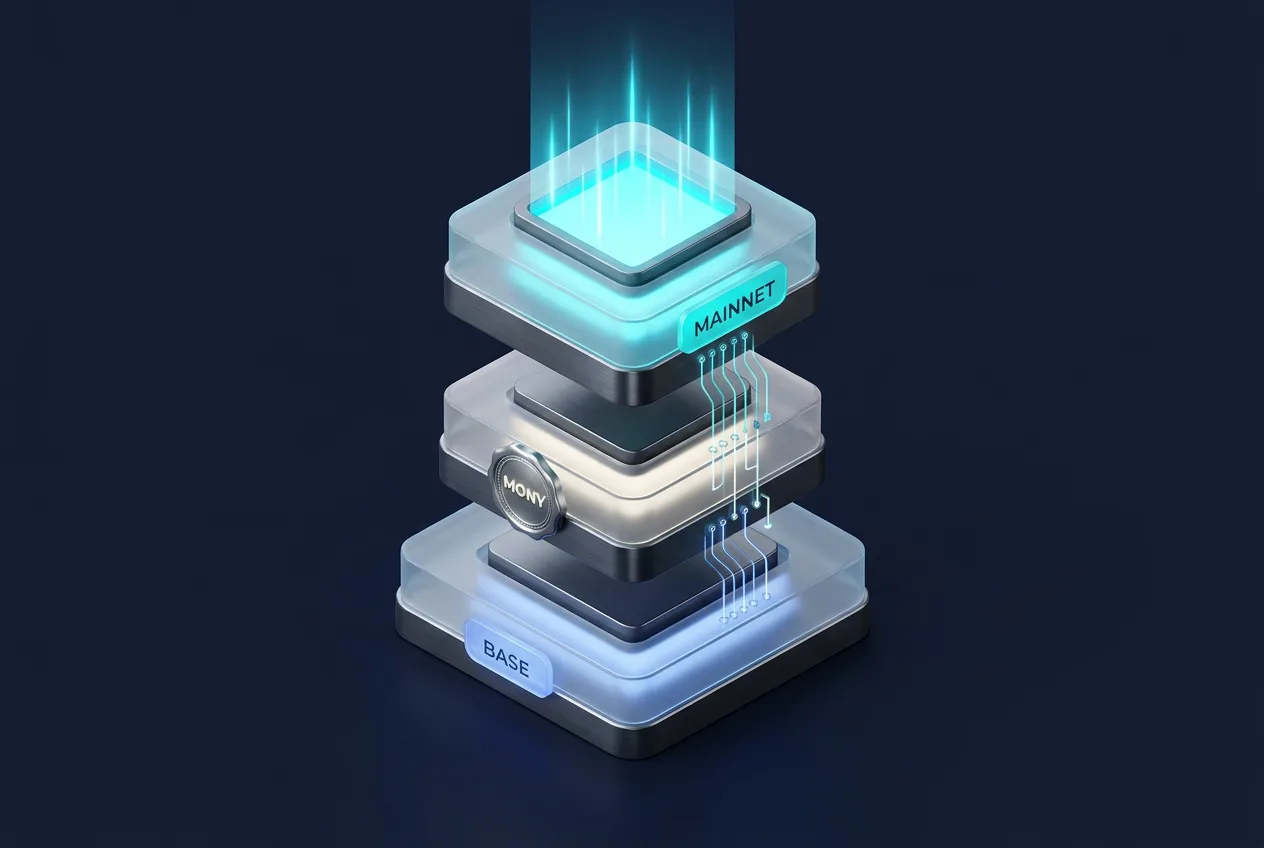 Isometric diagram showing the evolution from Base and MONY to Ethereum mainnet for JPM Coin.