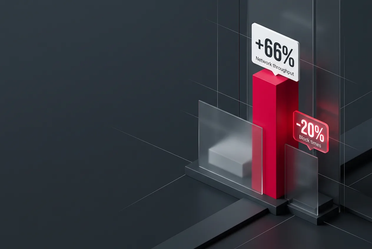 3D performance chart showing 66 percent throughput gain and 20 percent faster block times for Cronos.