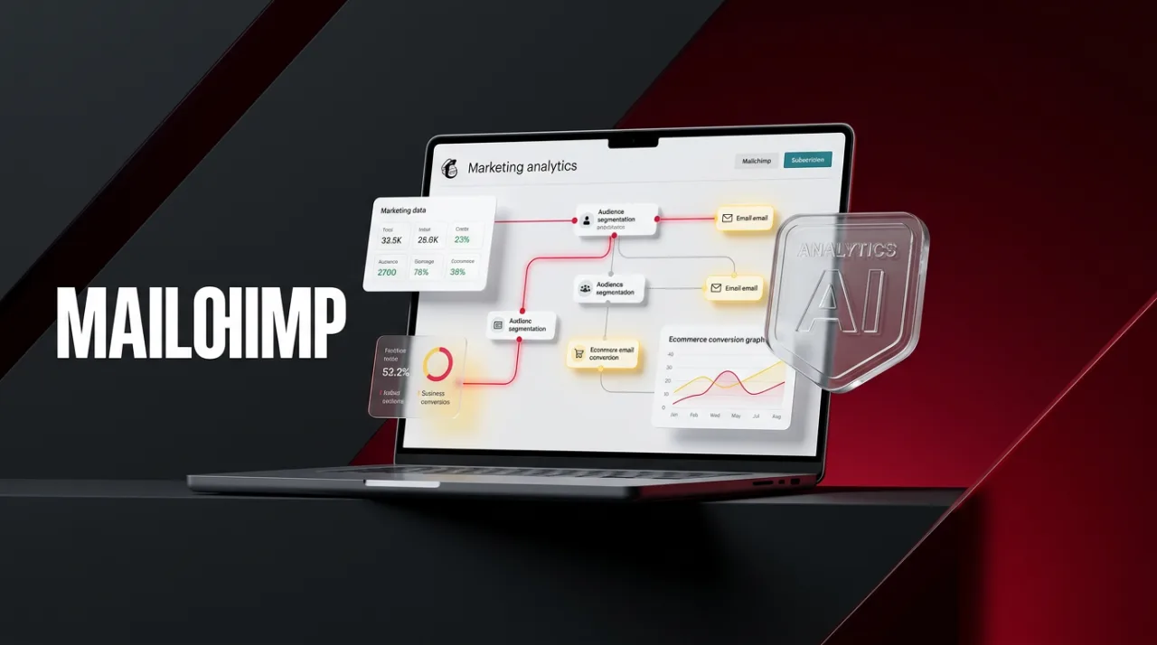 Editorial 3D render of Mailchimp AI Campaign Builder interface with analytics metrics on a laptop display.