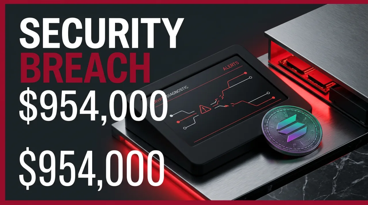 Editorial 3D graphic showing the $954,000 Solana exploit with red alert security breach indicators.