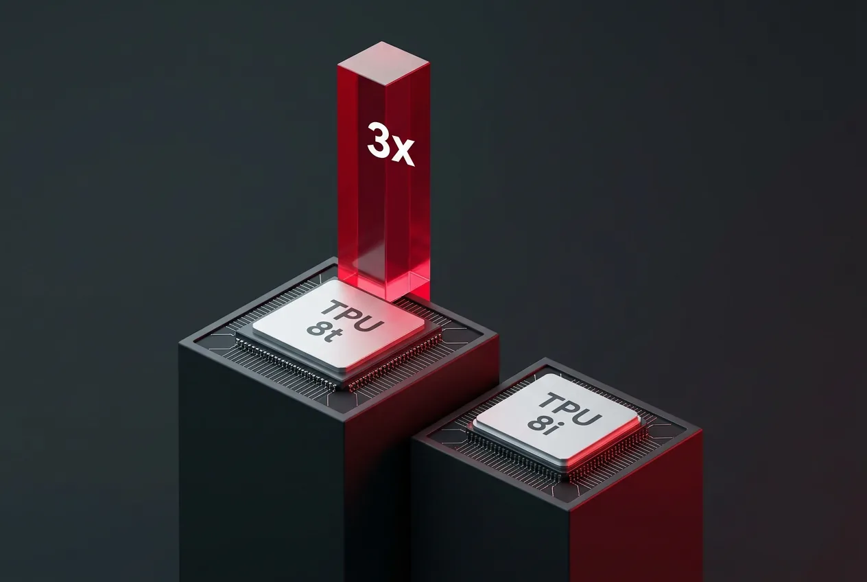 3D editorial graphic comparing Google TPU 8t and TPU 8i compute power with a 3x performance indicator.