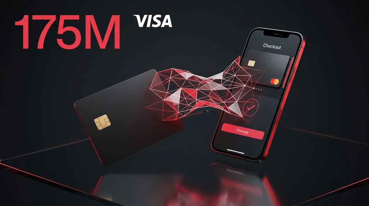 Mesh and Visa partnership graphic showing a digital card and crypto transaction network connecting to 175M merchants.