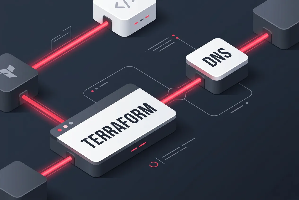 Modular 3D diagram showing automated DNS orchestration and Terraform provider integration