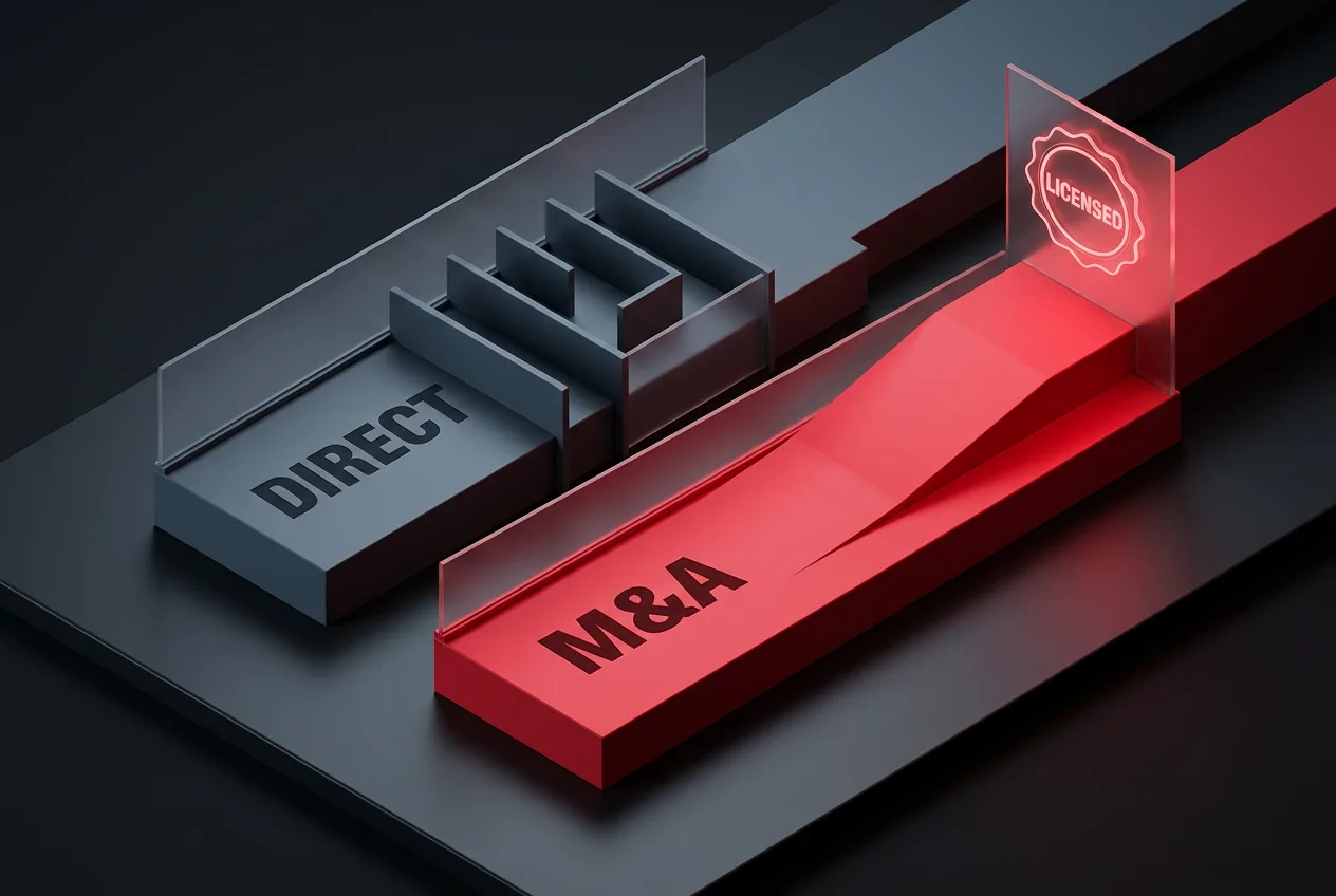 Infographic comparing M&A versus direct licensing pathways for crypto regulation in Japan.
