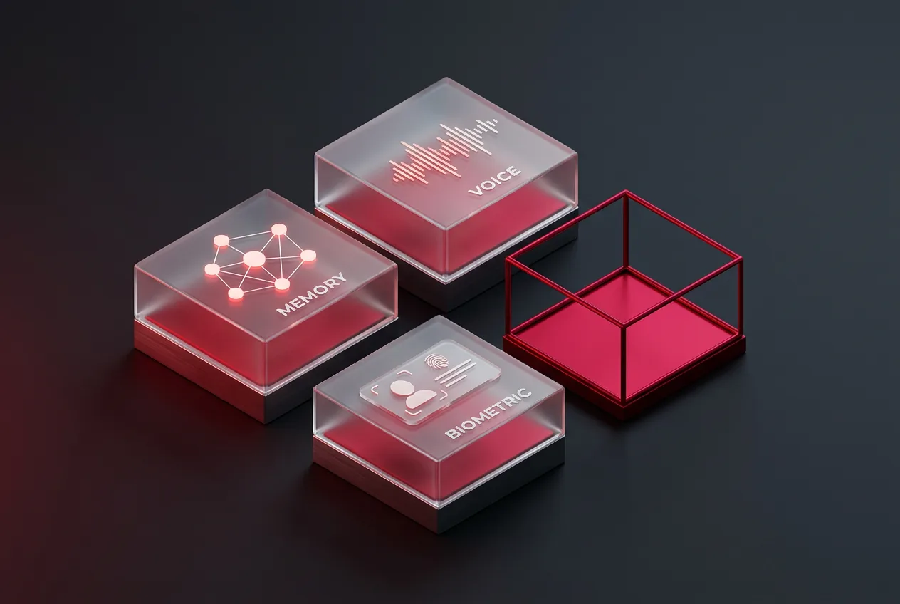 3D isometric infographic showing AI chat feature modules alongside an empty platform pedestal.