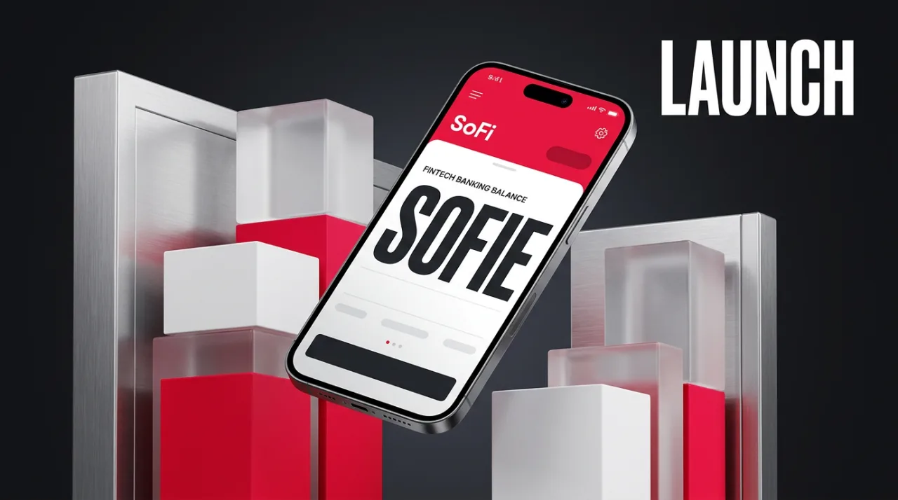 3D render of a smartphone showing SOFIE tokenized deposits beside modern bank vault geometry in red and charcoal.