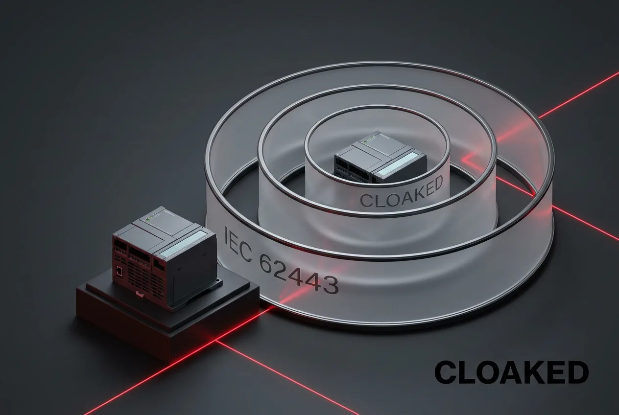 Isometric 3D graphic showing cloaked OT industrial architecture with IEC 62443 compliance tiers.