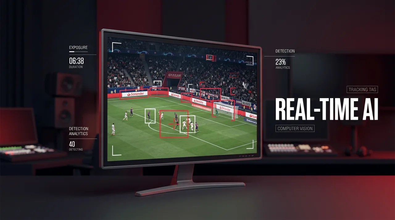 Computer vision interface tracking sports sponsorship exposure in real time with red bounding boxes on a monitor.