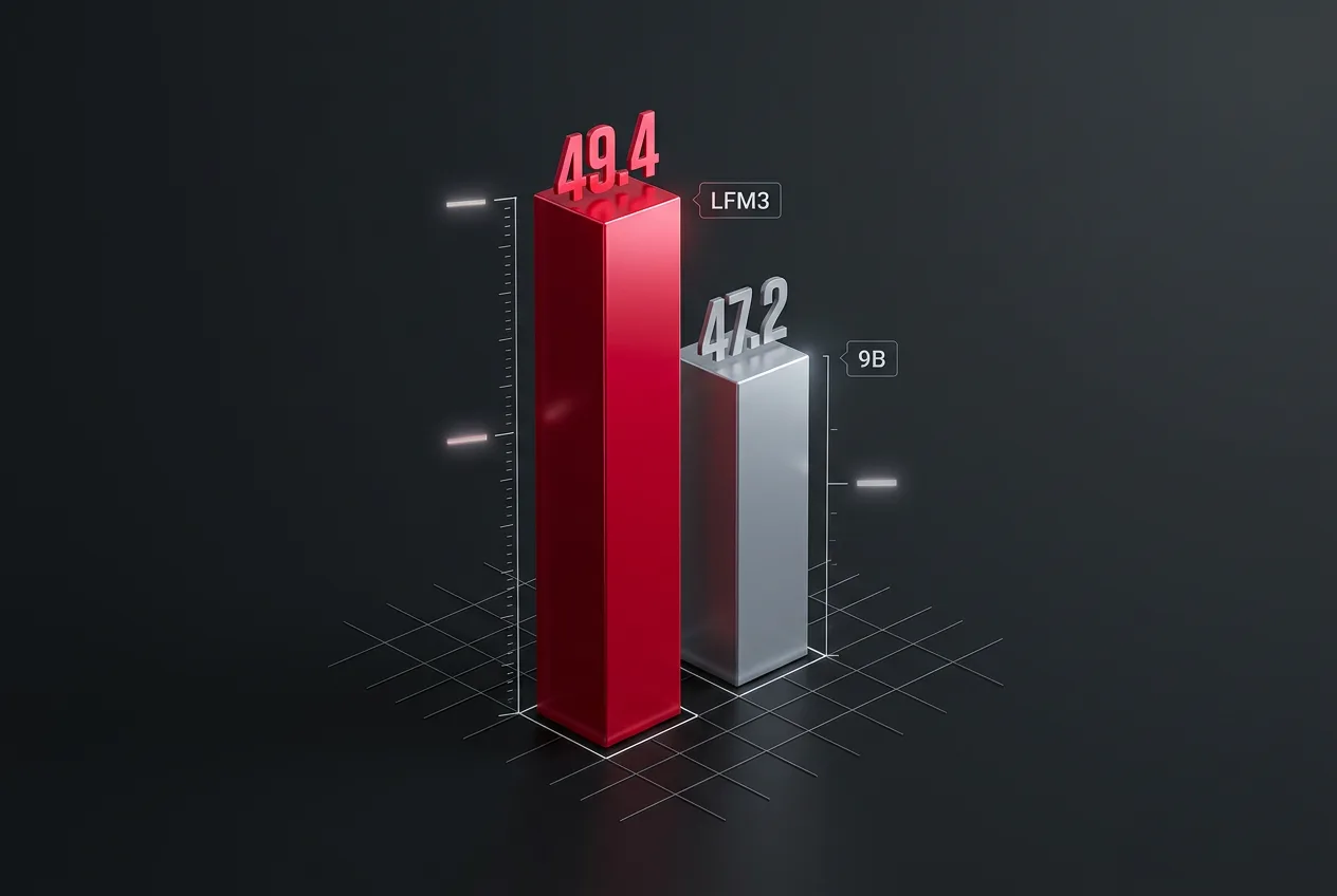Editorial comparison bar chart showing Liquid AI LFM3 benchmark performance outscoring a larger model.