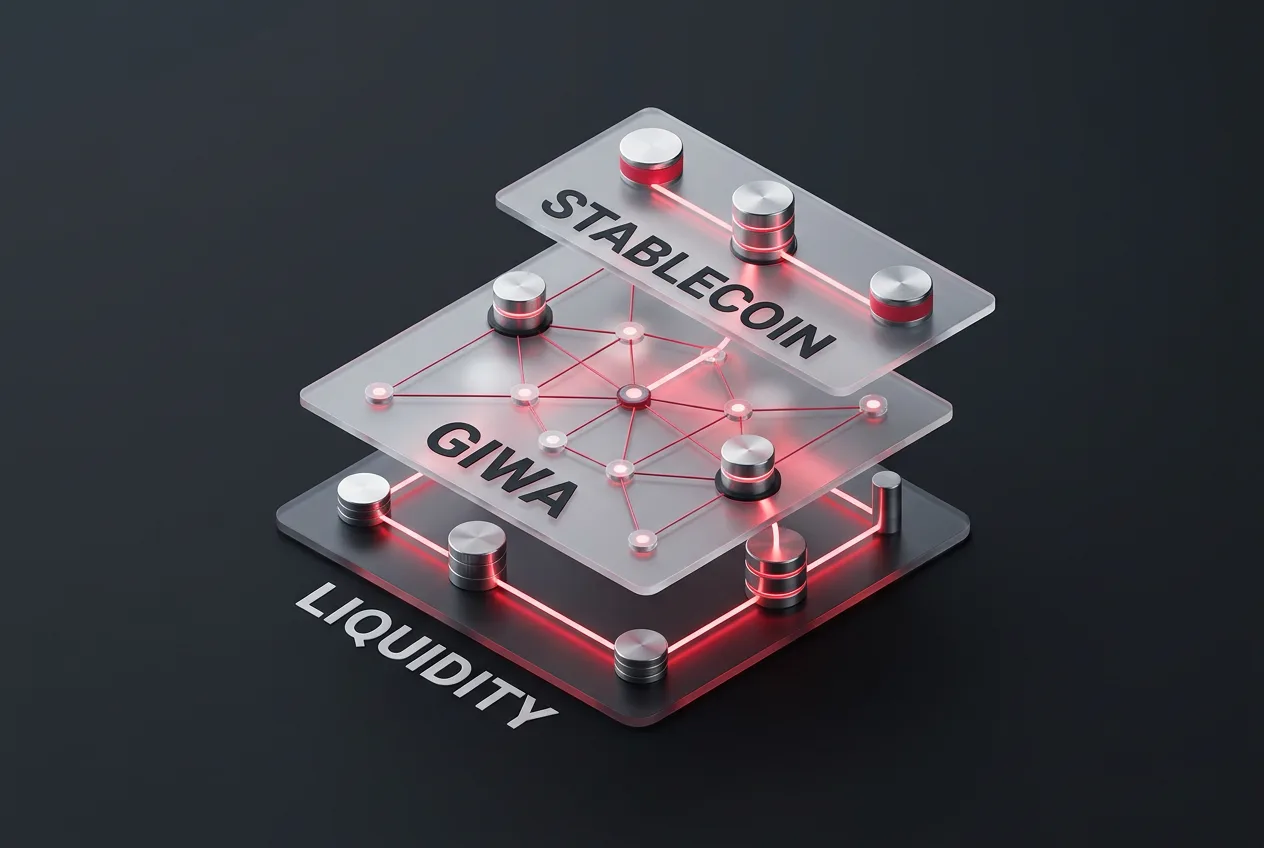 Isometric 3D diagram showing Dunamu and GIWA blockchain architecture for stablecoin payments.