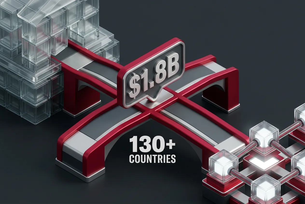 Infographic showing Mastercard acquisition of BVNK and cross-border payment bridge across 130 countries
