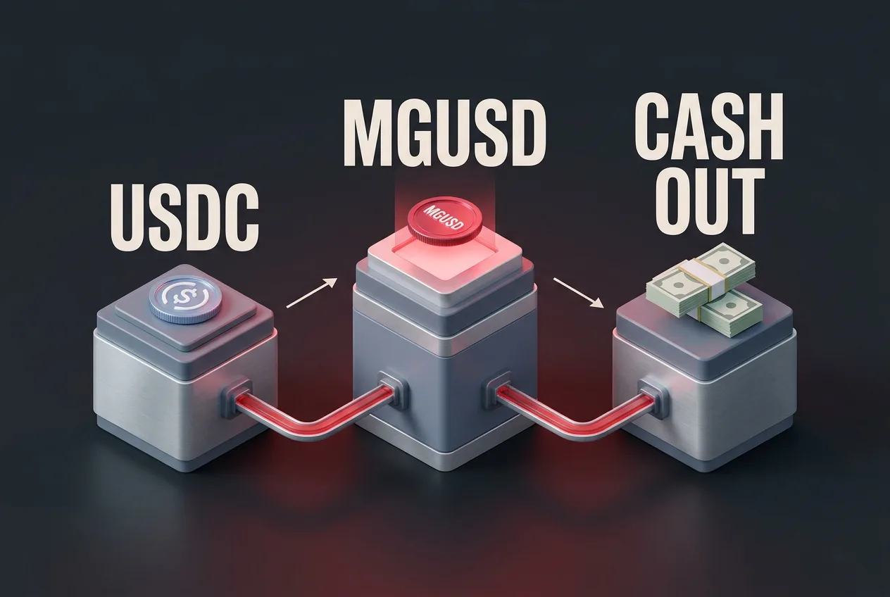 Isometric 3D infographic showing USDC and MGUSD stablecoin infrastructure flowing into cash payouts.