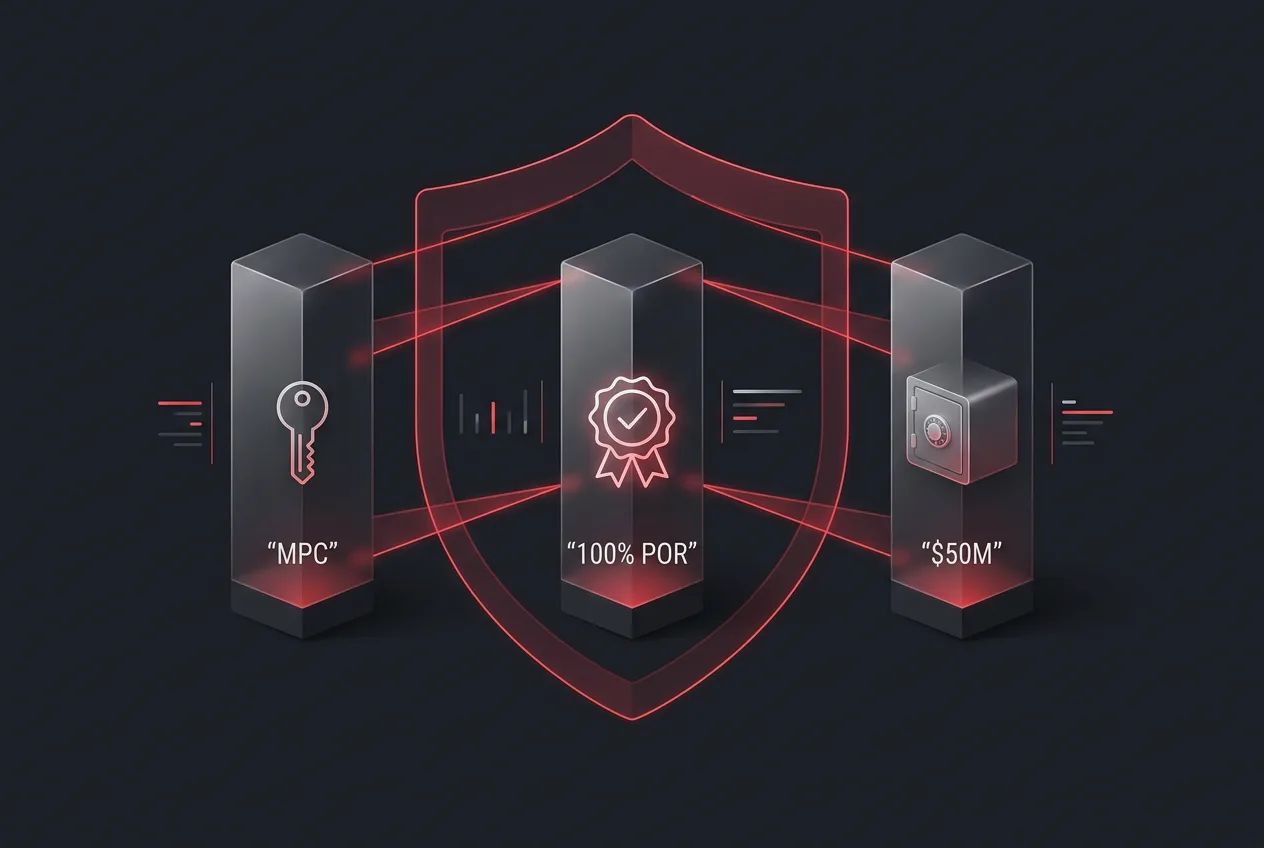 Infographic showing security pillars: multi-party computation, proof of reserves, and a 50 million dollar fund.