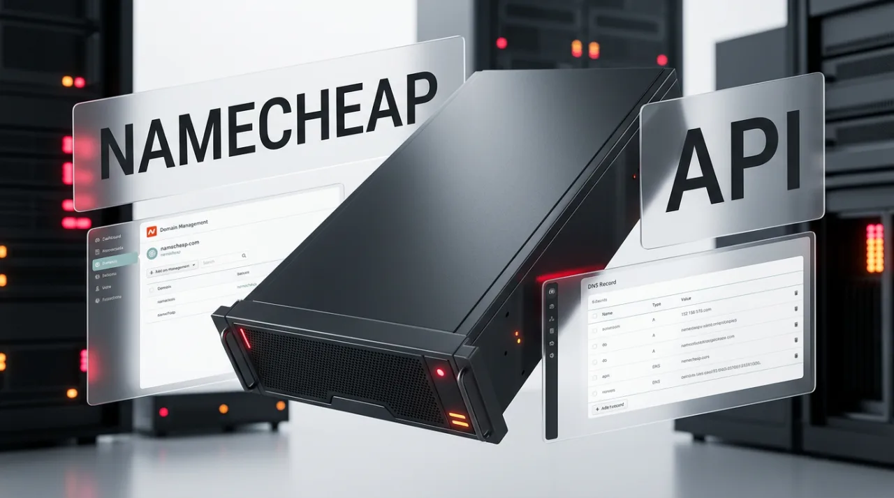Sleek 3D server hardware with digital interface overlays showing Namecheap API domain and DNS automation features