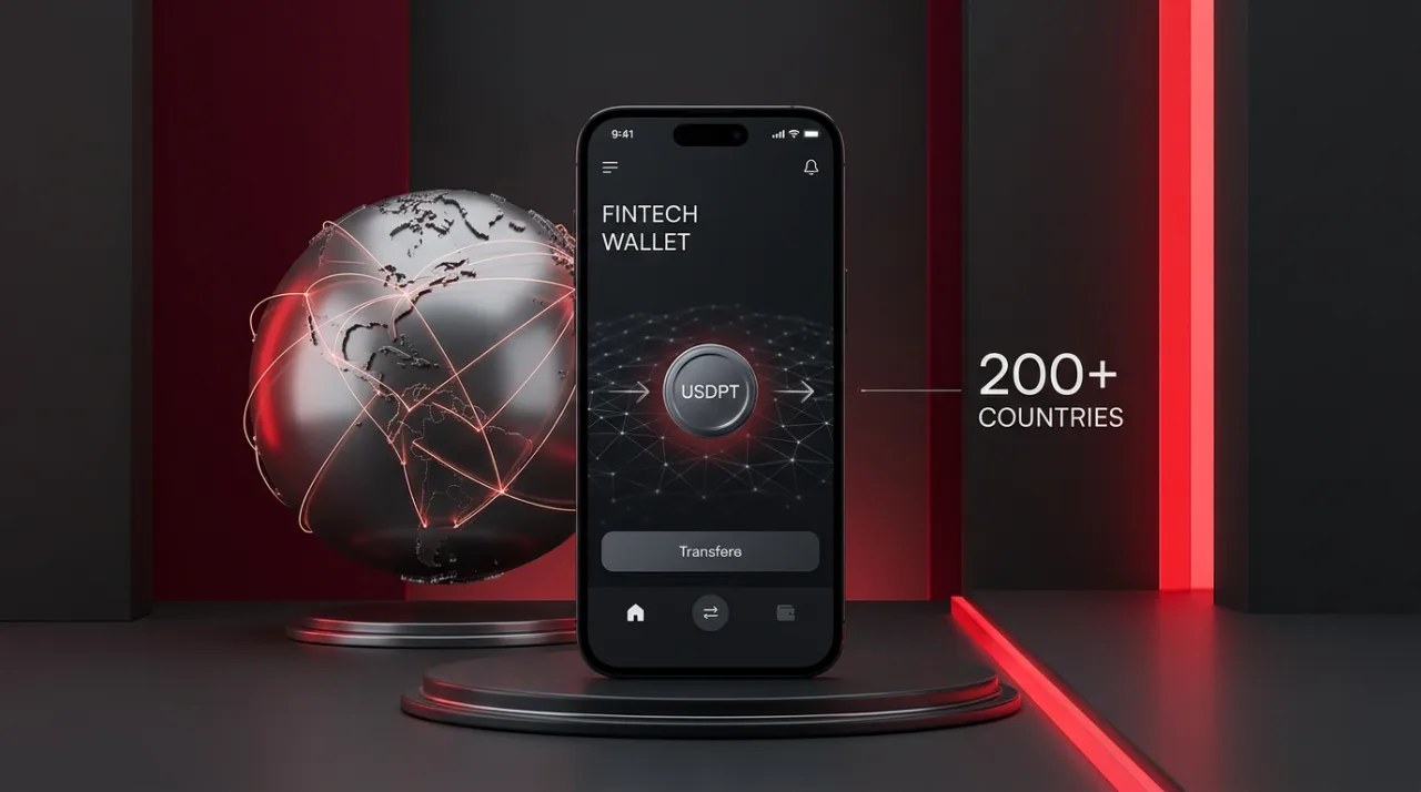 Editorial 3D graphic showing Western Union USDPT stablecoin remittance across a global network