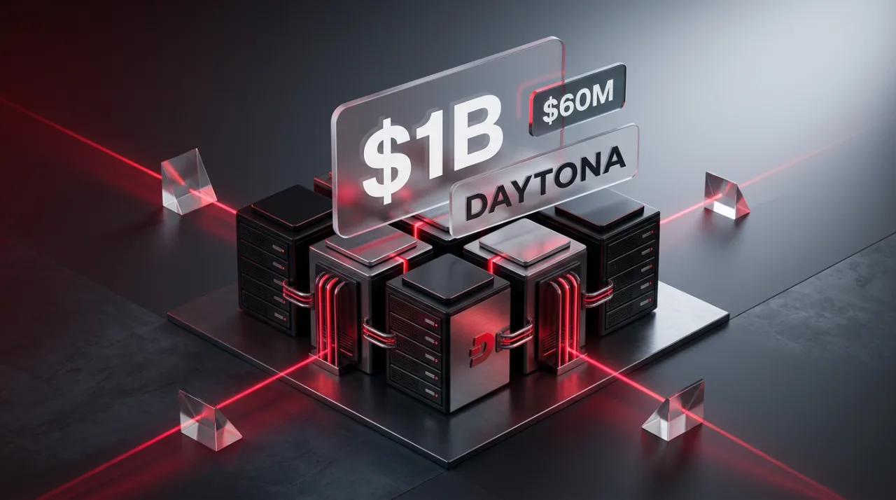 3D editorial visual of server infrastructure and a glass badge reading $1B valuation for Daytona Platforms.