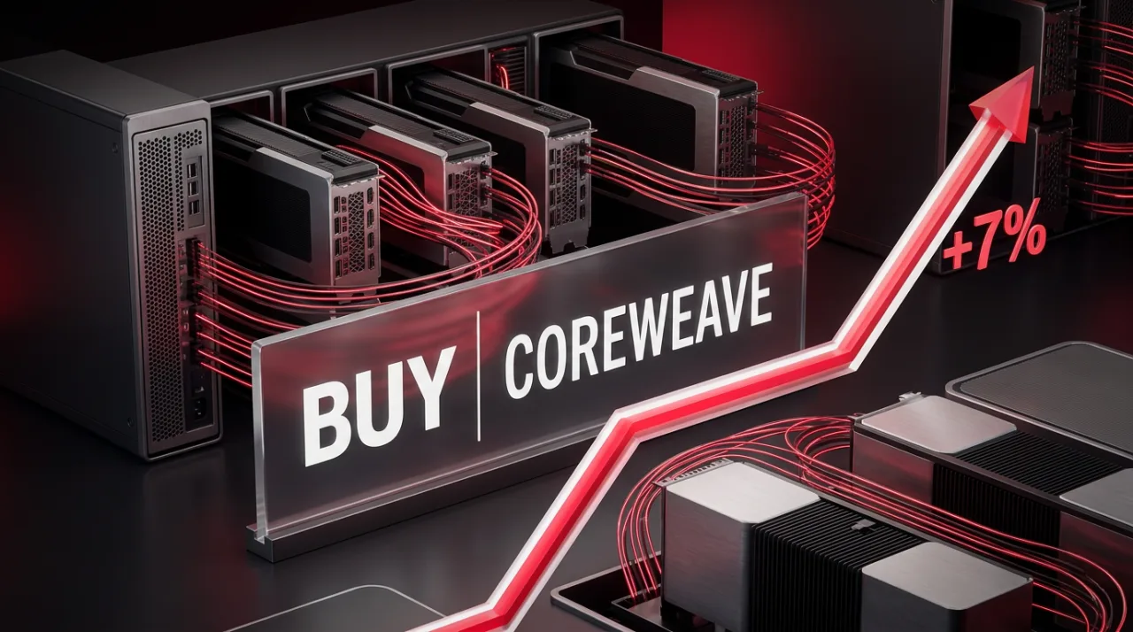 CoreWeave stock upgrade editorial render featuring AI server racks and a bold Buy rating graphic.