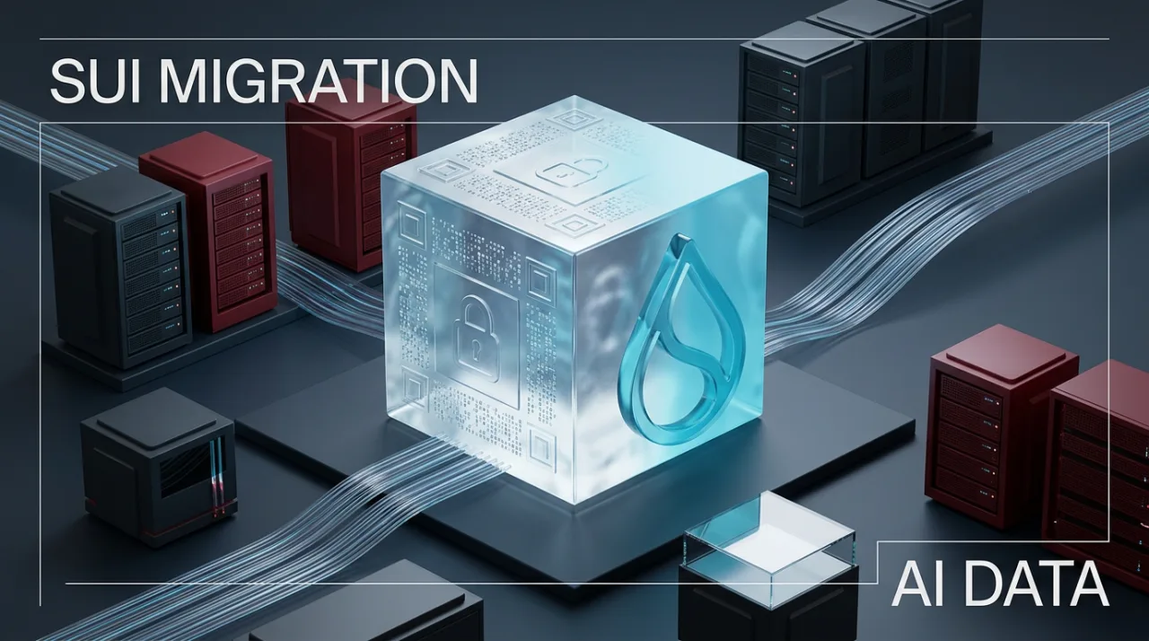 Editorial 3D graphic showing DATA Foundation infrastructure migrating to the Sui blockchain for AI data provenance.