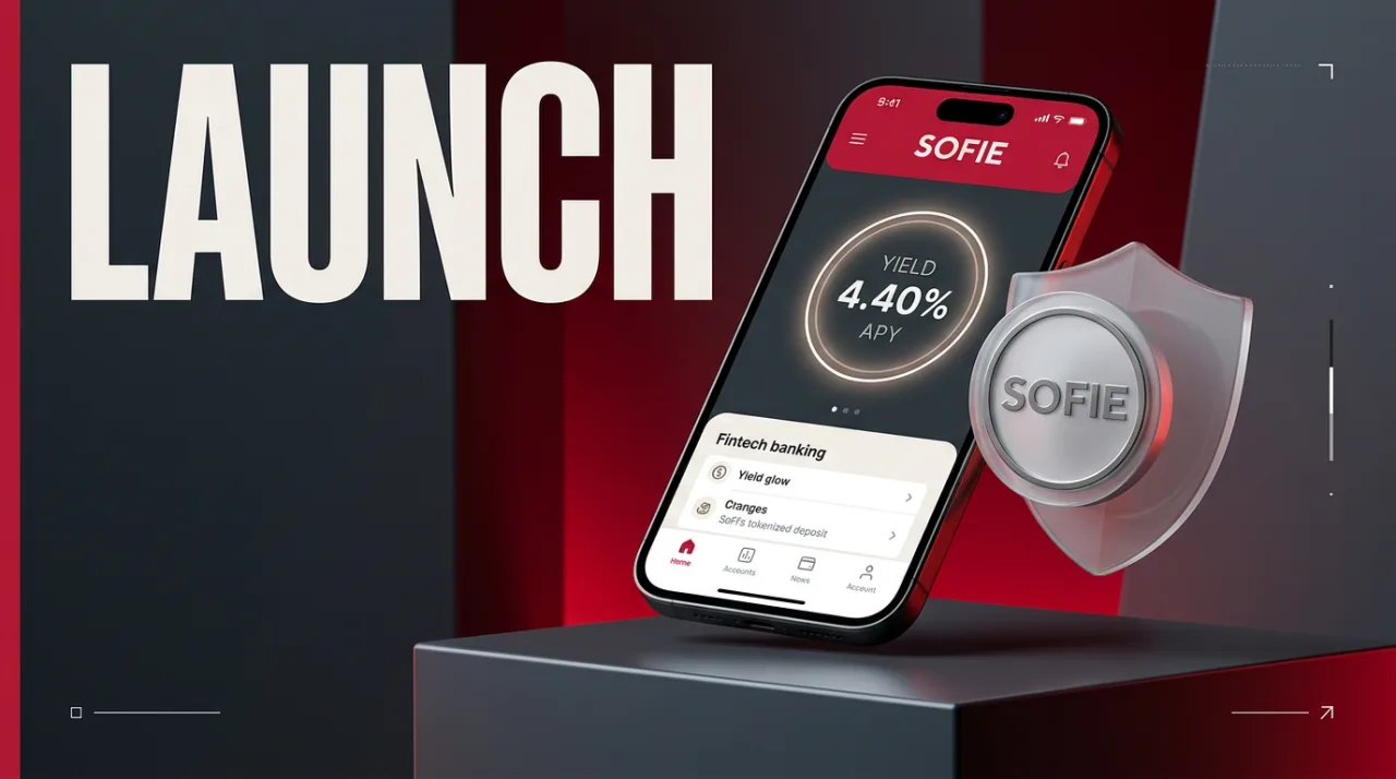3D render of a smartphone displaying the SOFIE tokenized deposit interface offering 4.40% APY.