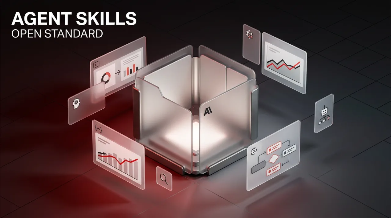 Anthropic Agent Skills open standard editorial 3D graphic with sleek modular architecture.