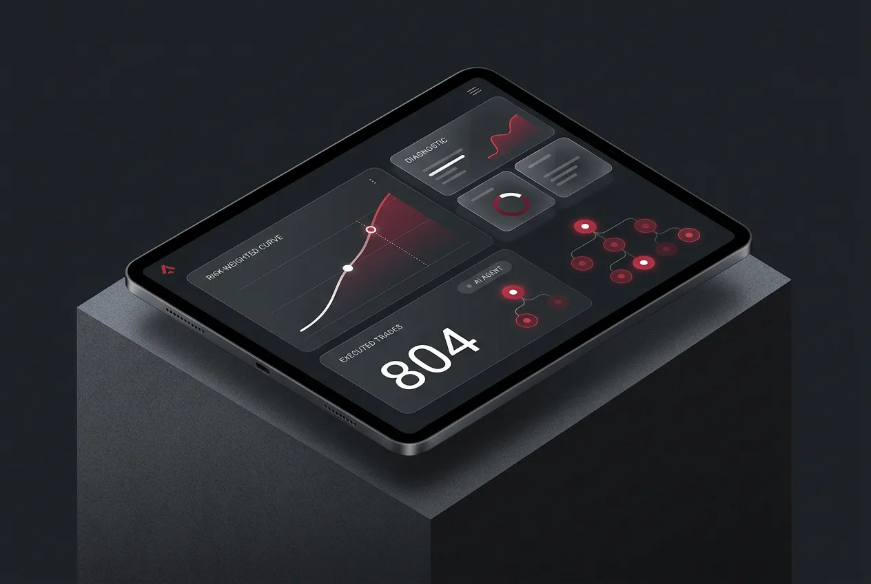 Editorial dashboard graphic visualizing 804 automated AI trading executions and risk metrics.