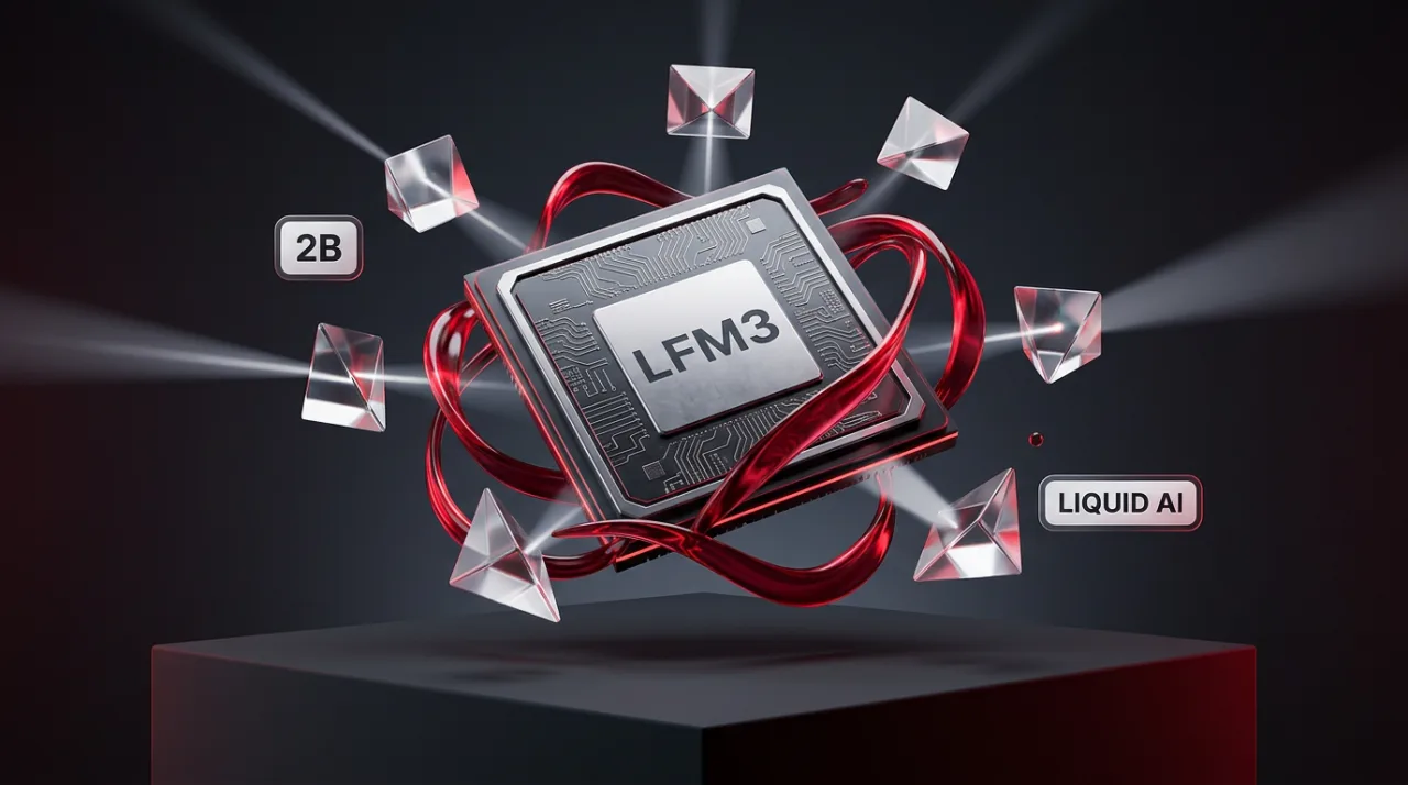 Editorial 3D concept for Liquid AI LFM3 launch featuring a processor and glass prisms in red and charcoal.