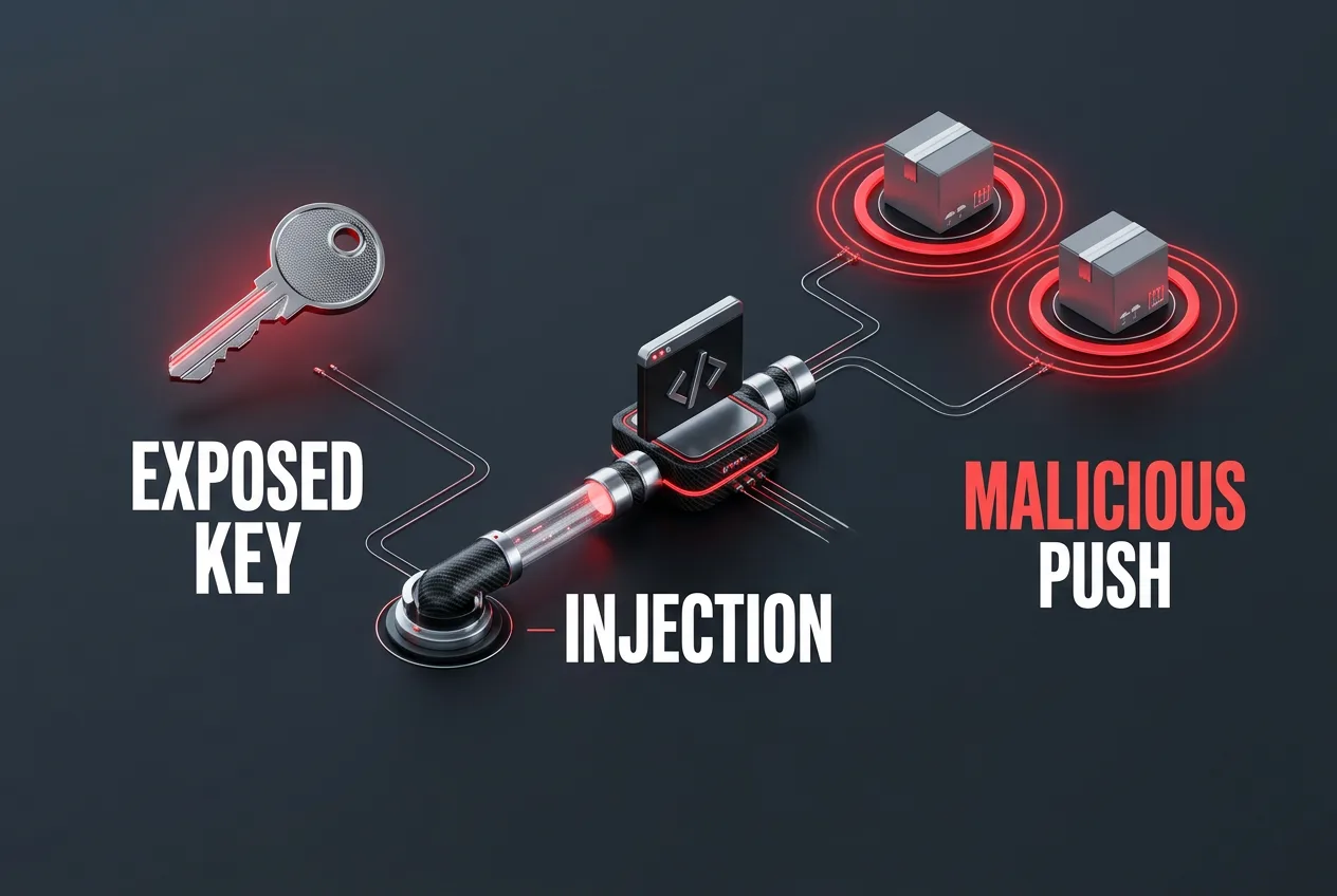 Infographic showing the three stages of the LiteLLM supply chain compromise from leaked key to release.