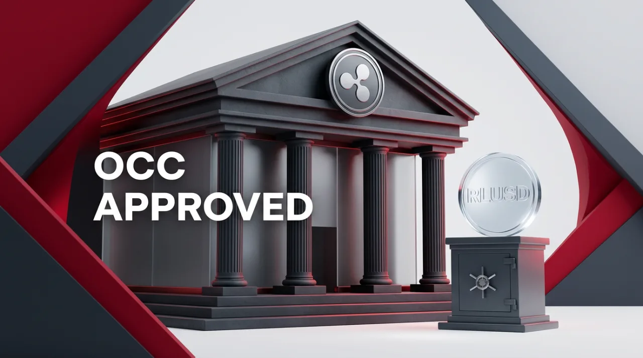 Ripple federal trust bank charter and RLUSD stablecoin 3D architectural editorial graphic.