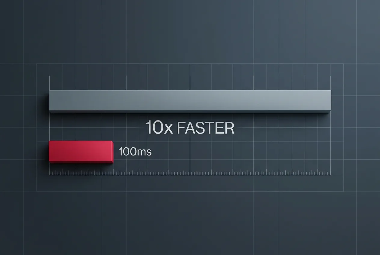 Latency comparison chart showing 10x faster response time and 100ms benchmarks for Decisions API.