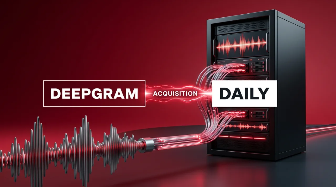 Deepgram acquires Daily editorial graphic showing interconnected server infrastructure and audio waveforms.