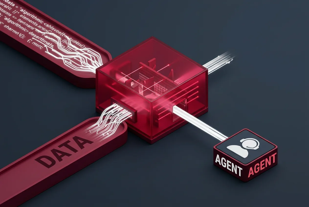 Isometric editorial infographic showing an agentic security gateway filtering sensitive data and credentials.