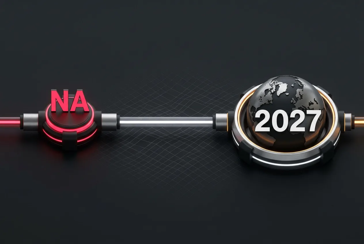 Infographic showing stablecoin compliance rollout timeline from North America to global 2027