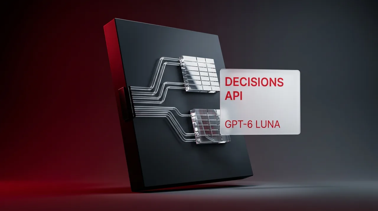 OpenAI Decisions API and GPT-6 Luna hardware concept with red and charcoal editorial lighting.