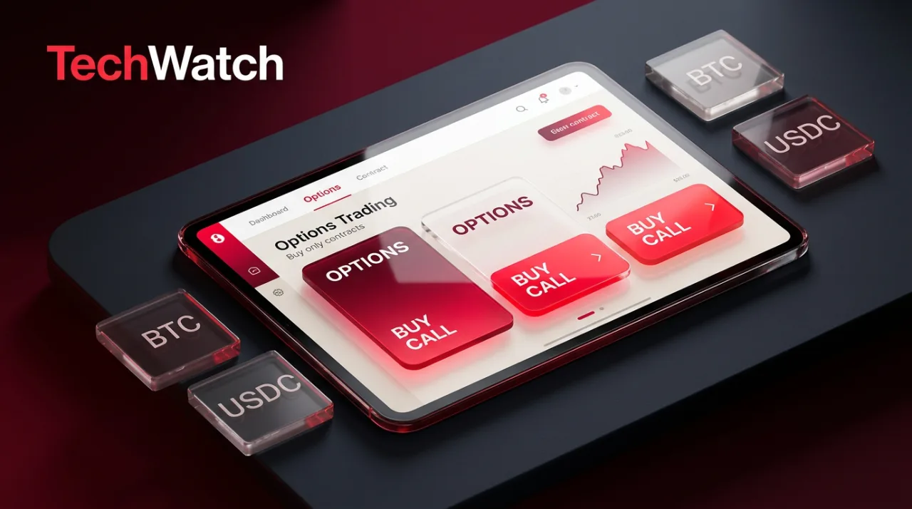 Digital trading interface displaying crypto options contracts with crimson lighting for Blockchain.com launch.