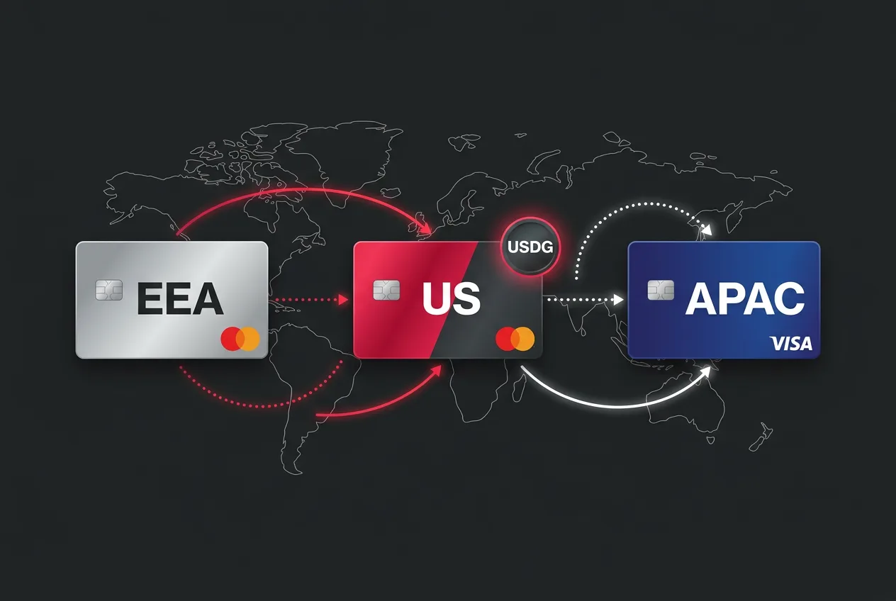 Infographic showing OKX Card rollout across EEA, US, and APAC with Mastercard and Visa partnerships.