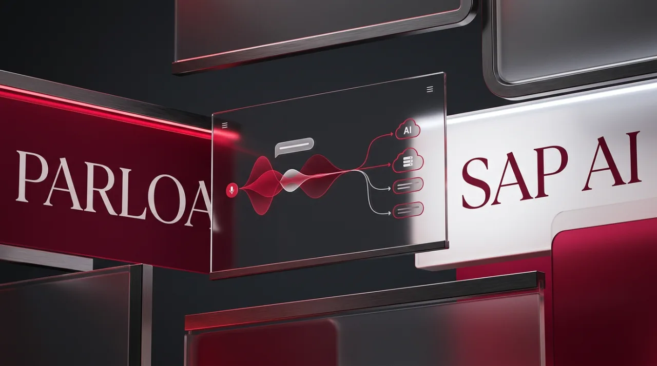 Editorial 3D graphic of Parloa and SAP conversational AI agent management interface on glass display.