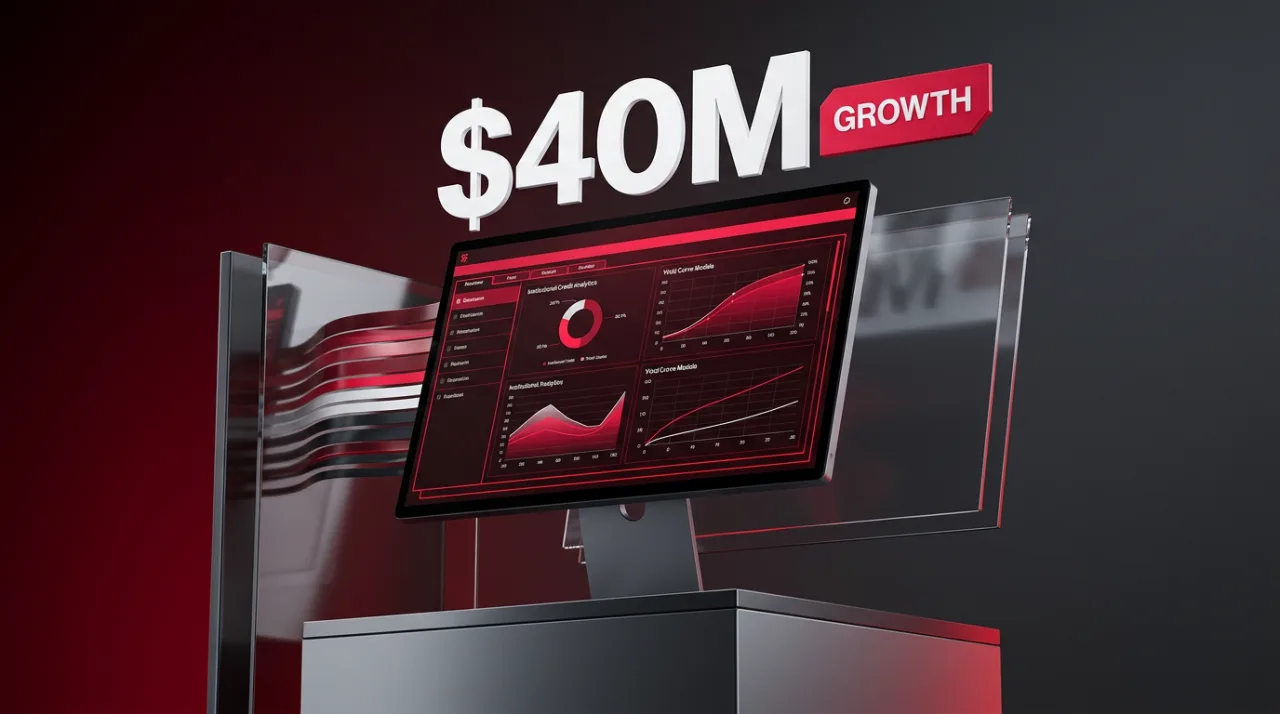 3D fintech graphic showing a credit analytics display with $40M growth investment headline.