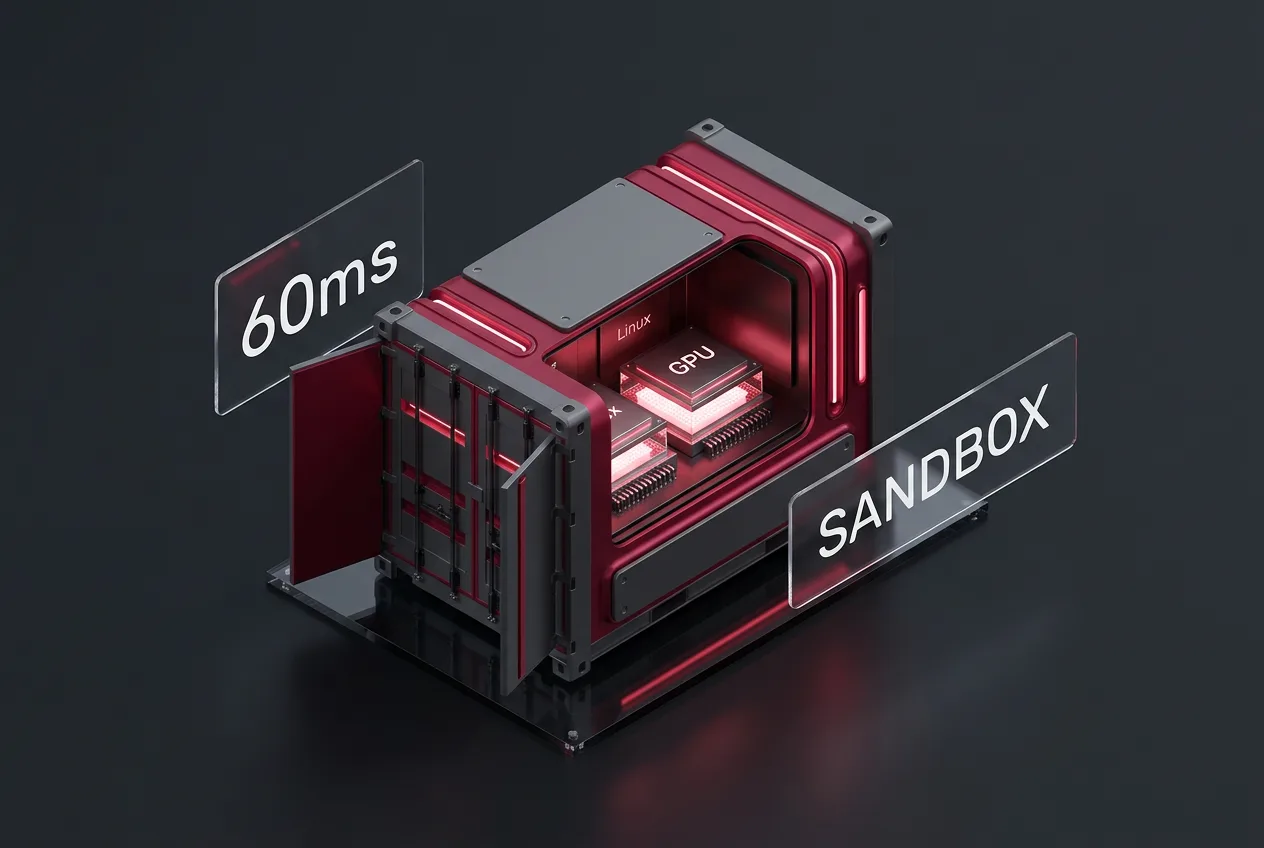 Isometric 3D render of an isolated AI agent sandbox with a 60ms startup speed indicator.