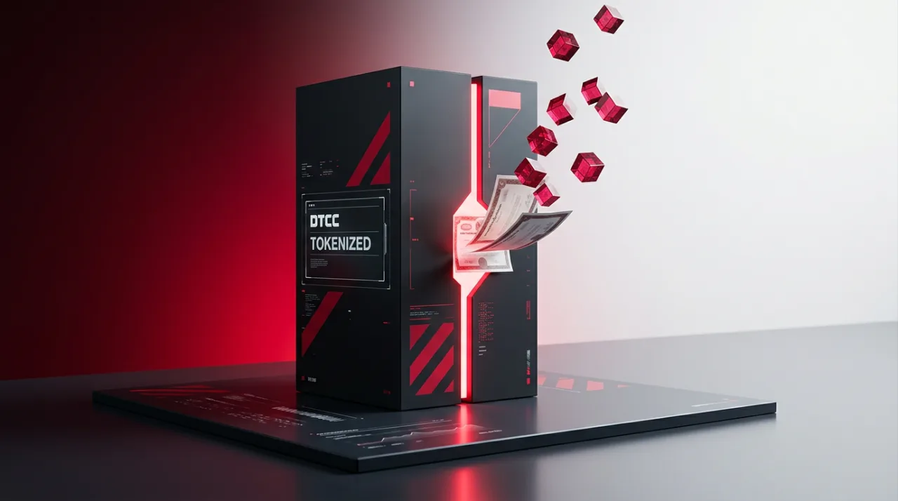 3D editorial graphic showing DTCC tokenization converting traditional securities into crimson digital tokens.