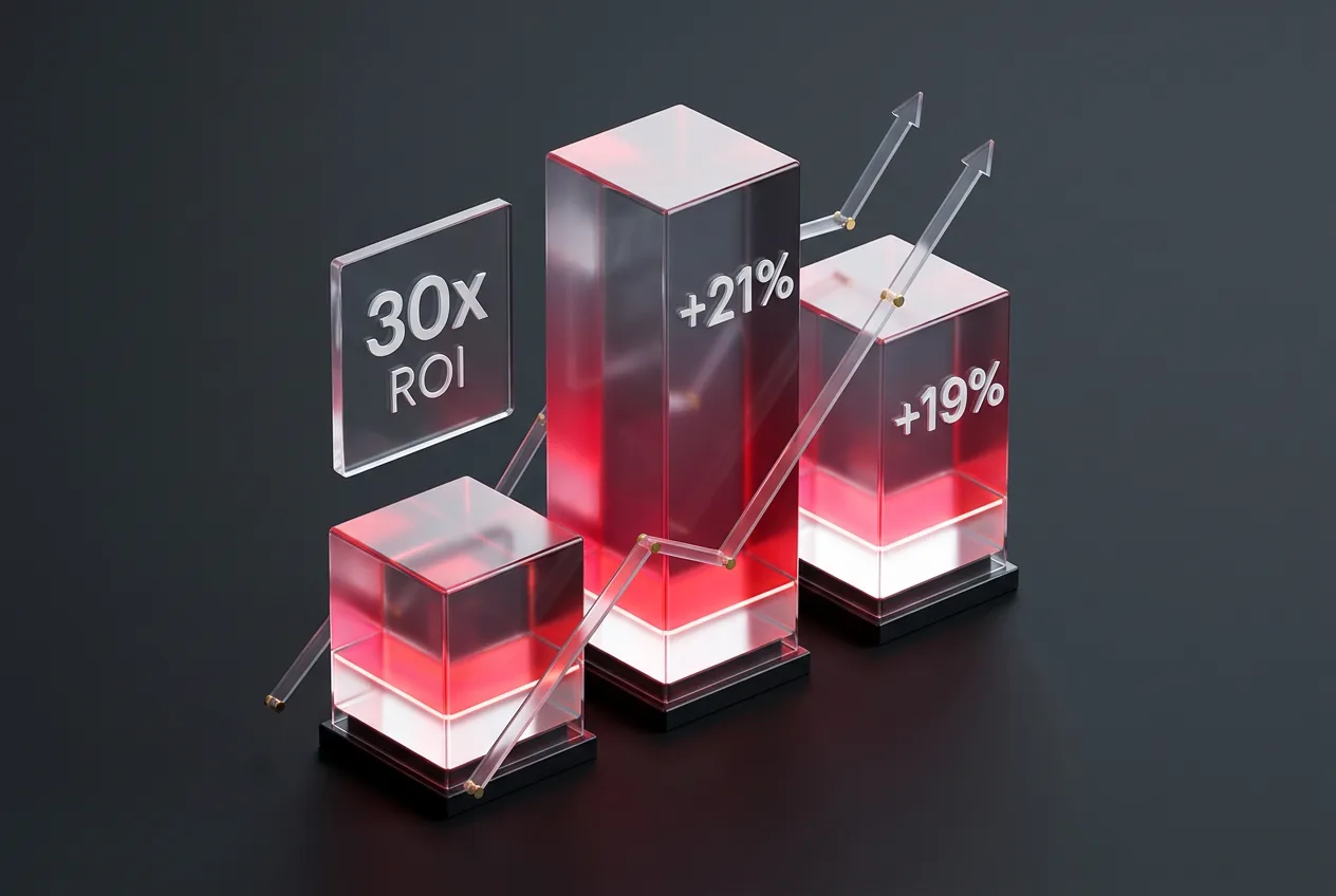 3D bar chart displaying Mailchimp AI campaign statistics showing 21% conversion increase and 30x ROI.
