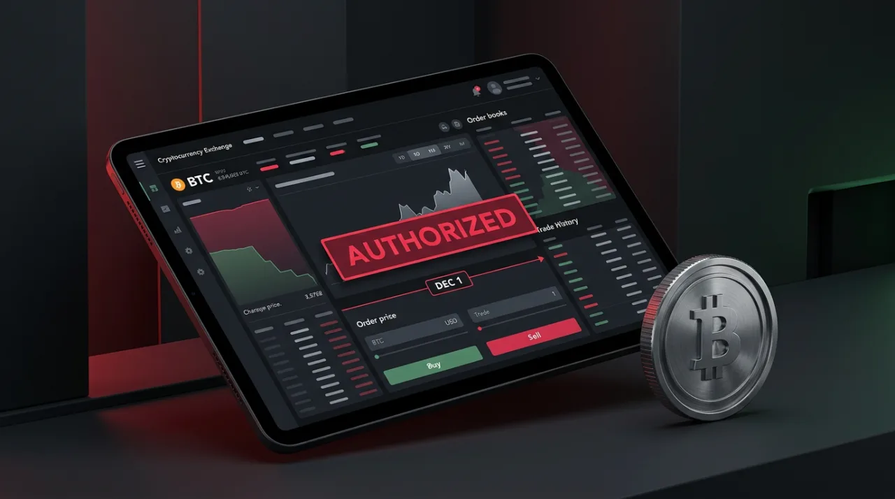Sberbank crypto exchange interface on tablet displaying authorized regulatory status badge.