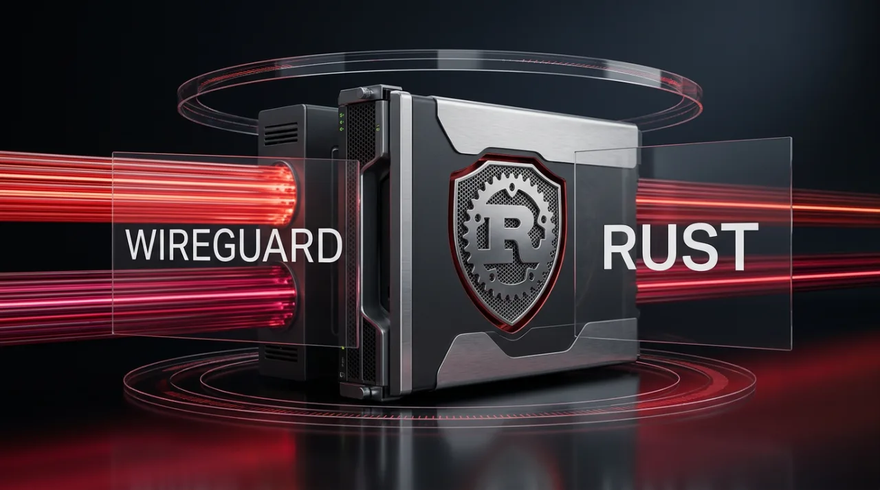 3D editorial visual of secure server hardware with Rust and WireGuard digital shield motifs.