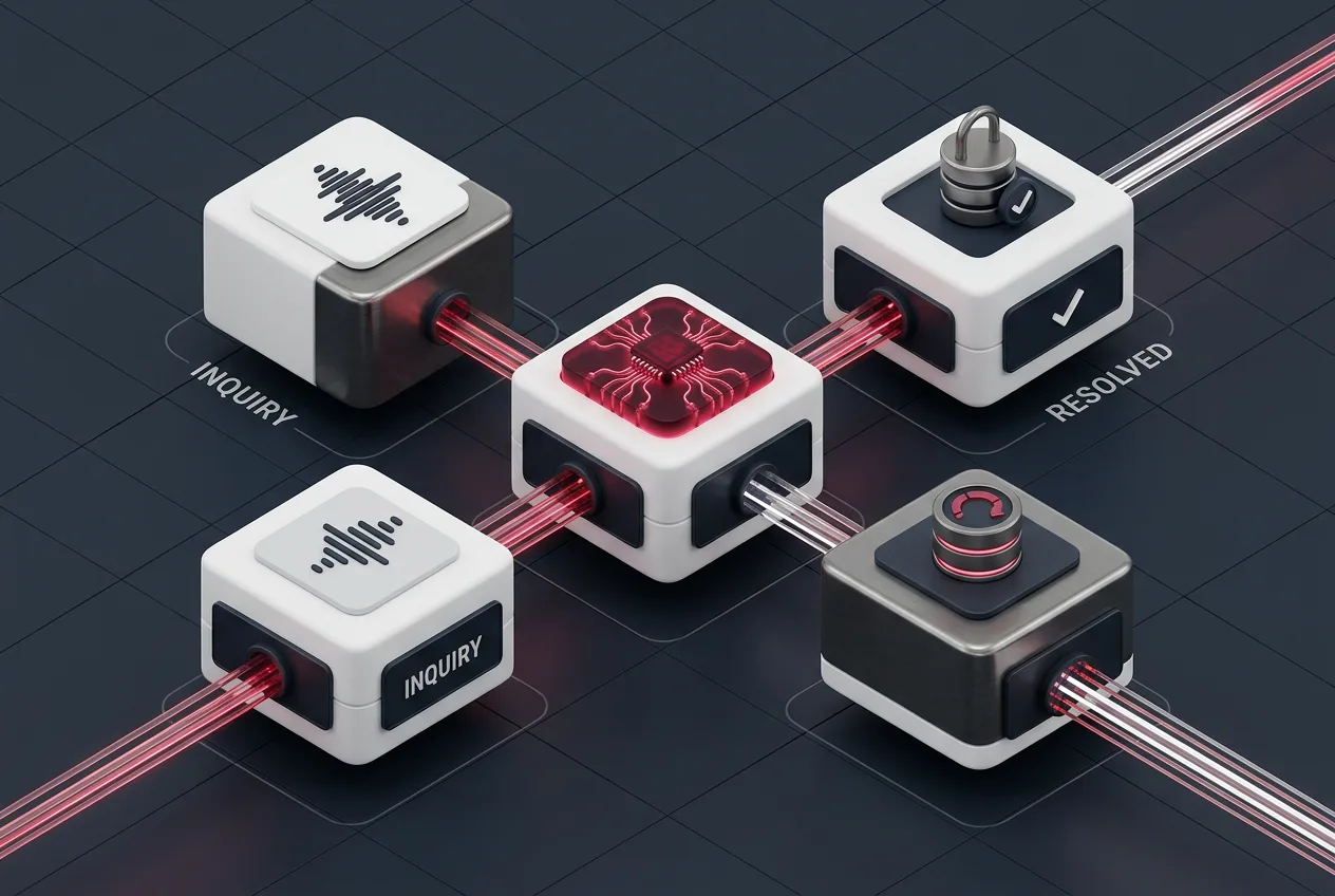 Isometric 3D infographic showing the three stages of Parloa conversational AI lifecycle.